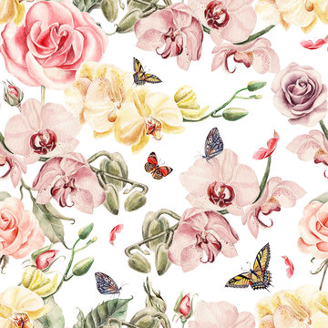 Seamless pattern with orchid flowers, roses and leaves. © knopazyzy