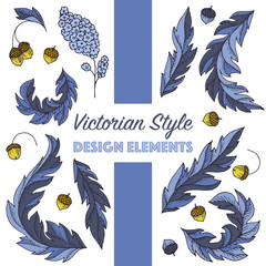 Vector collection of victorian style vintage elements with oak leaves and acorns. Decorative baroque ornamental engraving design set