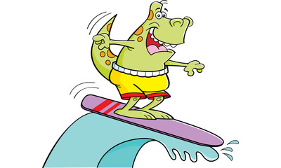 Cartoon illustration of a dinosaur surfing.