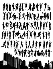 City skyline with 84 people silhouettes.