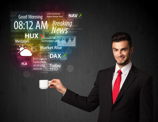 Businessman holding a white cup with daily news and information