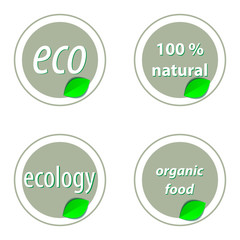 Set of bright green labels with leaves for organic, natural, eco or bio products. Vector illustration