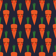 Carrots seamless pattern for kids holidays. Cute baby shower vector background. Child drawing style smiling sleeping vegetables on dark background. Bright food cartoon illustration. - 102017043