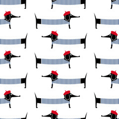 French style dog seamless pattern. Cute cartoon parisian dachshund vector illustration. Child drawing style puppy background. French style dressed dog with red beret and striped frock. - 102017076