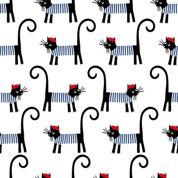 French cat seamless pattern. Cute cartoon parisian cat vector illustration. Child drawing style kitty background. French style dressed cat with red beret and striped frock.