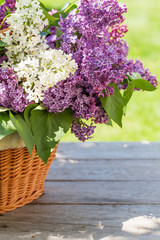 Colorful lilac flowers in basket