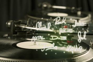 Turntable with vinyl and music genres writen