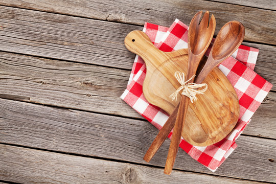 Cooking utensils on wooden table