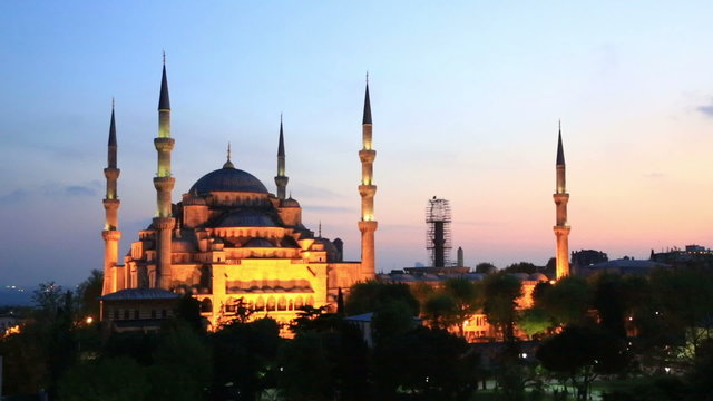 Scenic view at The Blue Mosque with night illumination in Istanbul, Turkey