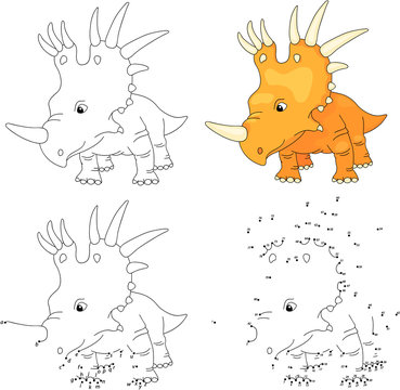 Cartoon styracosaurus. Vector illustration. Coloring and dot to