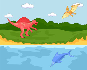 Funny cute pterodactyl, ichthyosaur and spinosaurus. Educational