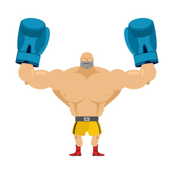 Boxer winner. Athlete in blue gloves. Bodybuilder with boxing gl