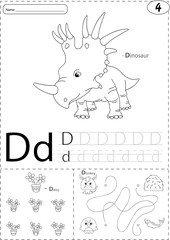 Cartoon dinosaur, daisy and donkey. Alphabet tracing worksheet: