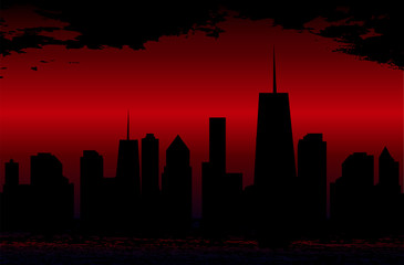 Sunset over the Cities Silhouette. Vector Illustration. 