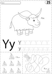 Cartoon yak and yacht. Alphabet tracing worksheet: writing A-Z a