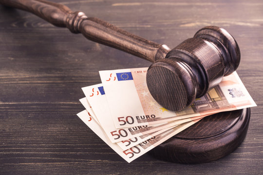 Gavel and four euro banknotes