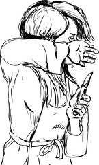 Outline of crying woman in apron with knife