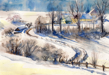 Obrazy  Zimowy pejzaż z drogą do village.Picture stworzony z akwarelami.