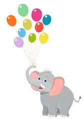 baby elephant with balloons on white. vector cartoon happy birth