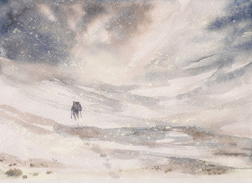 Man hiking in mountains during winter snowy blizzard.Picture created with watercolors.