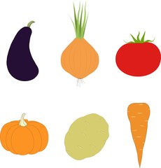 The vegetable set. Eggplant, pumpkin, carrot, onion, potato, tomato on a white background, hand drawing. Healthy eating, organic, packaging design, product packaging, design elements, clip art, vector