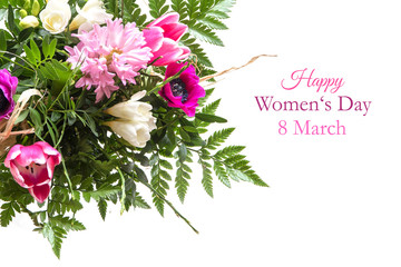bouquet of spring flowers isolated on white, text, happy womens day