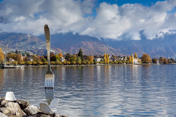 Panoramic view of Lake Geneva and Alps, canton of Vaud, Switzerland