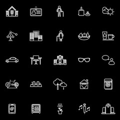 Retirement community line icons on black background