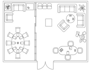 Architectural set of furniture. Design elements for floor plan, premises. Thin lines icons. Office equipment. Tables, sofa, computer people flowers. Standard size. Vector