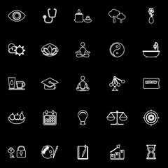 Meditation line icons on black background