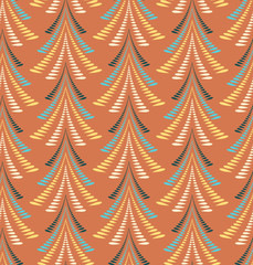 Christmas seamless pattern. Firs, trees on orange background. Twist stylized ornament of laurel leaves. Winter, New Year, nature texture. Vector