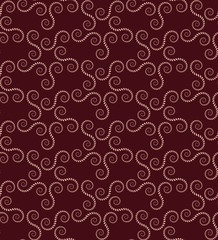 Seamless lace pattern. Vintage, curled texture. Spiral, swirl silhouettes floral snowflakes. Twist ornament of laurel leaves. Light figure on dark red, purple background. Winter theme colored. Vector