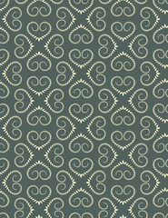 Seamless lace pattern. Vintage curled texture. Swirl floral heart signs. Twist ornament of laurel leaves. Light yellow figures on gray background. Love, birthday, Valentine day, sale. Vector