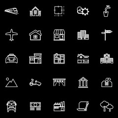 Real estate line icons on black background