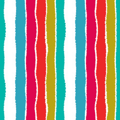 Striped seamless pattern. Vertical wide lines with torn paper effect. Shred edge bands. Turquoise, red, white colors. Vector