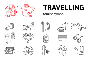 Set of line travel icons. Tourism, trip, vacation accessories symbol. Icons for travaling memo, instruction. Vector isolated