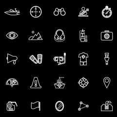 Waterway related line icons on black background