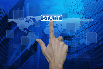 Man hand pushing the button touchscreen over connection map, Ele