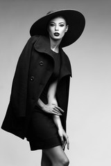 high fashion portrait of elegant woman in black  hat and coat.