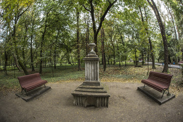 Sculpture in Central Park in Targu Jiu. Fsheye view