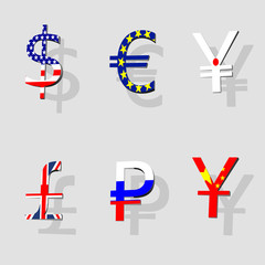 Set of currency symbols with flag. Vector illustration