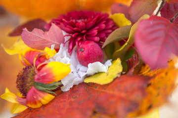 Obraz premium autumn bouquet, close-up. The bouquet consists of maple leaves, the leaves of mountain ash, chrysanthemums, berries, daisies and a small red apple. Suitable for cards. Visible part of the pumpkin.