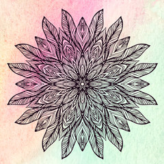 purple mandala, a circular pattern on a watercolor pink blue background, vector illustration - 102047855