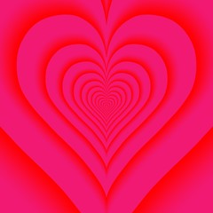 Concentric nested red partly blurred hearts on a pink background. To the Valentine's Day optical, visual illusion.