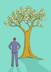 Cartoon illustration of a man looking at money tree
