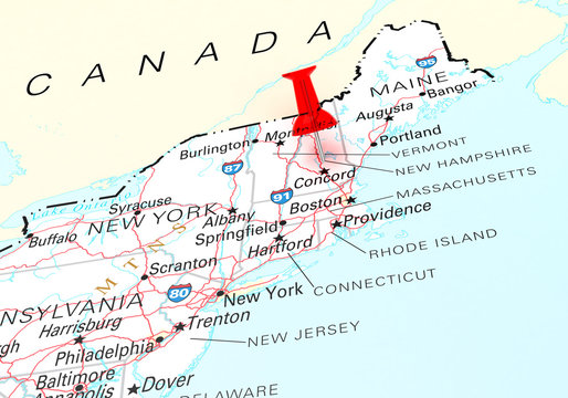 Red Thumbtack Over New Hampshire State USA Map.