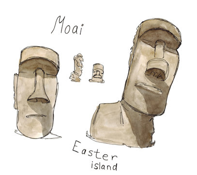 Watercolor Hand Drawn Sketch Of Moai, Easter Island Heads Isolated On White
