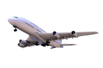 Airplane in close-up landing isolated Moving Up and High Angle side View