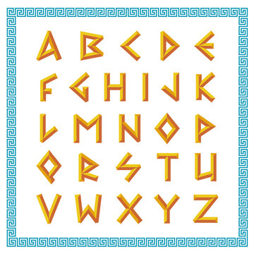 Greek Font. Golden Bevel Stick Style Letters.