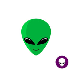 Alien face logo. Planet UFO intruder with big green head and huge eyes.